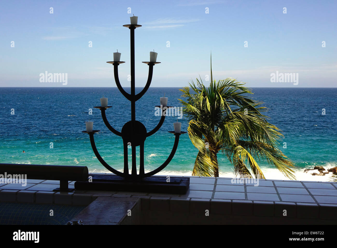 Ocean view from hotel, Villa Premiere, candelabra in foreground. Puerto Vallarta, Mexico Stock Photo