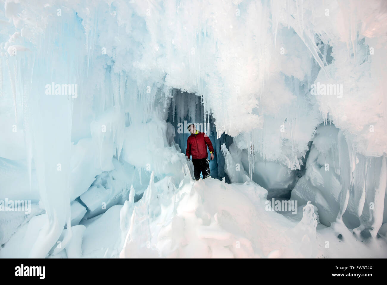 Inside an ice cave in an iceburg near Cape Evans, Antarctica. Stock Photo