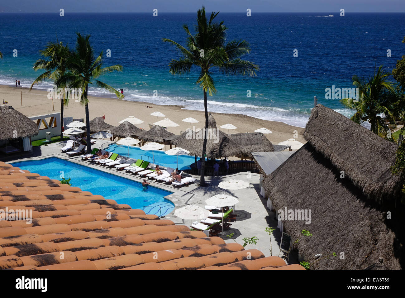 View of pool and beach, Villa Premiere Hotel and Spa, Puerto Vallarta, Mexico Stock Photo