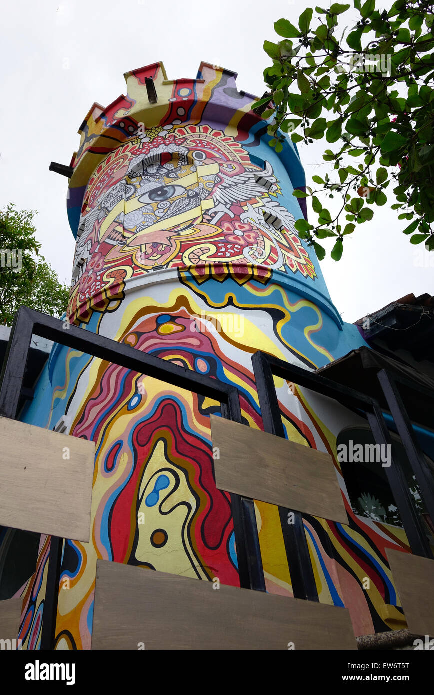 Colorful tower, entrance to Cafe des Artistes, a restaurant in Puerto Vallarta, Mexico Stock Photo