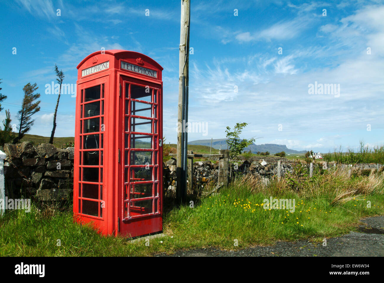 Red Telephone box in the country, Isle of Skye, Scotland, United Kingdom, Europe Stock Photo