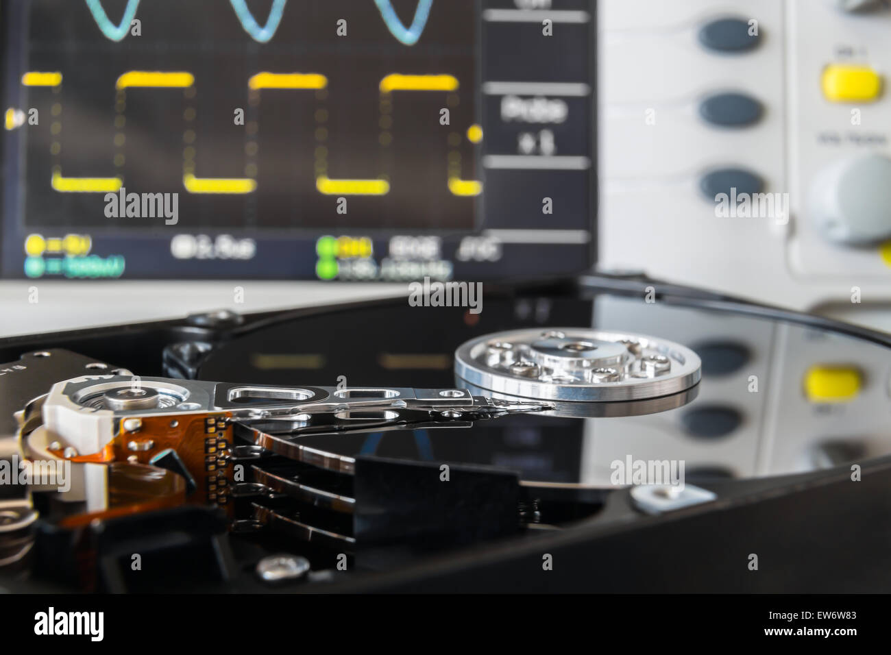opened HDD in a test laboratory ready for data recovery or repair Stock Photo