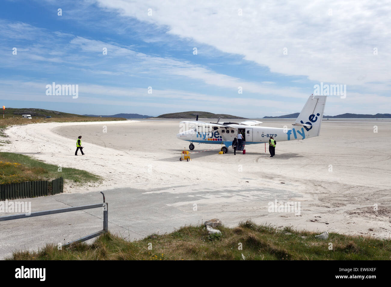 Flybe plane on the sandy runway of Barra International airport, Outer Hebrides of Scotland Stock Photo