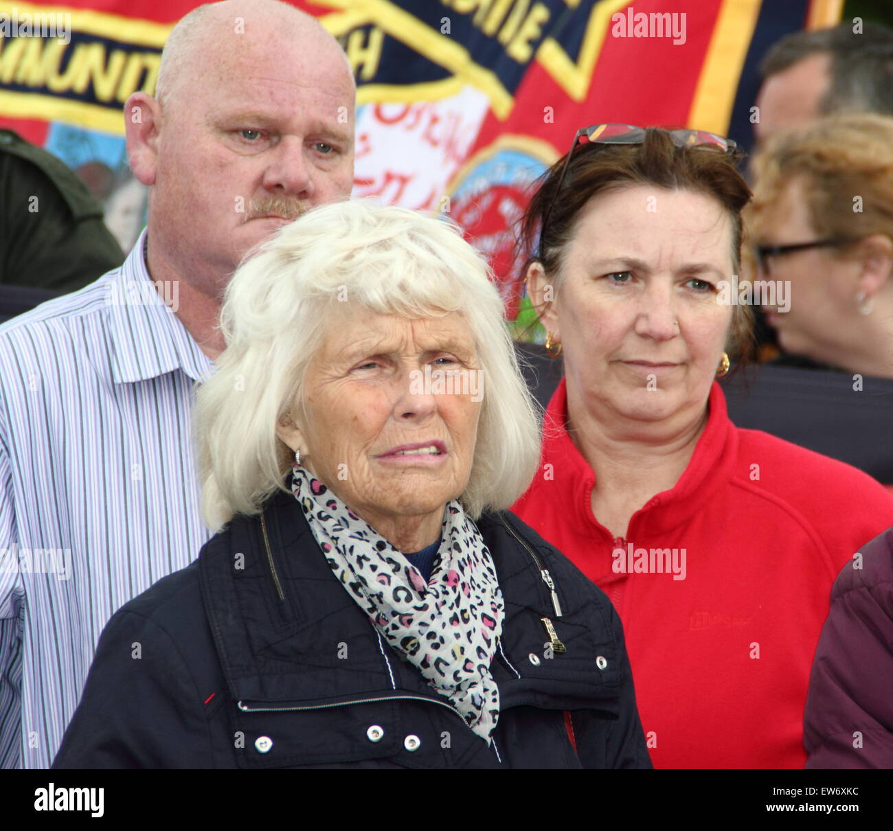 Orgreave, South Yorkshire, UK. 18 June 2015. Anne Scargill (centre front), former wife of miners’ strike leader, Arthur Scargill attends a rally organised by the Orgreave Truth and Justice Campaign (OTJC) at Orgreave to mark the 31st anniversary of the Battle of Orgreave, a violent confrontation between miners and police that took place during the year long miners’ strike in 1984-85. Credit:  Deborah Vernon/Alamy Live News Stock Photo