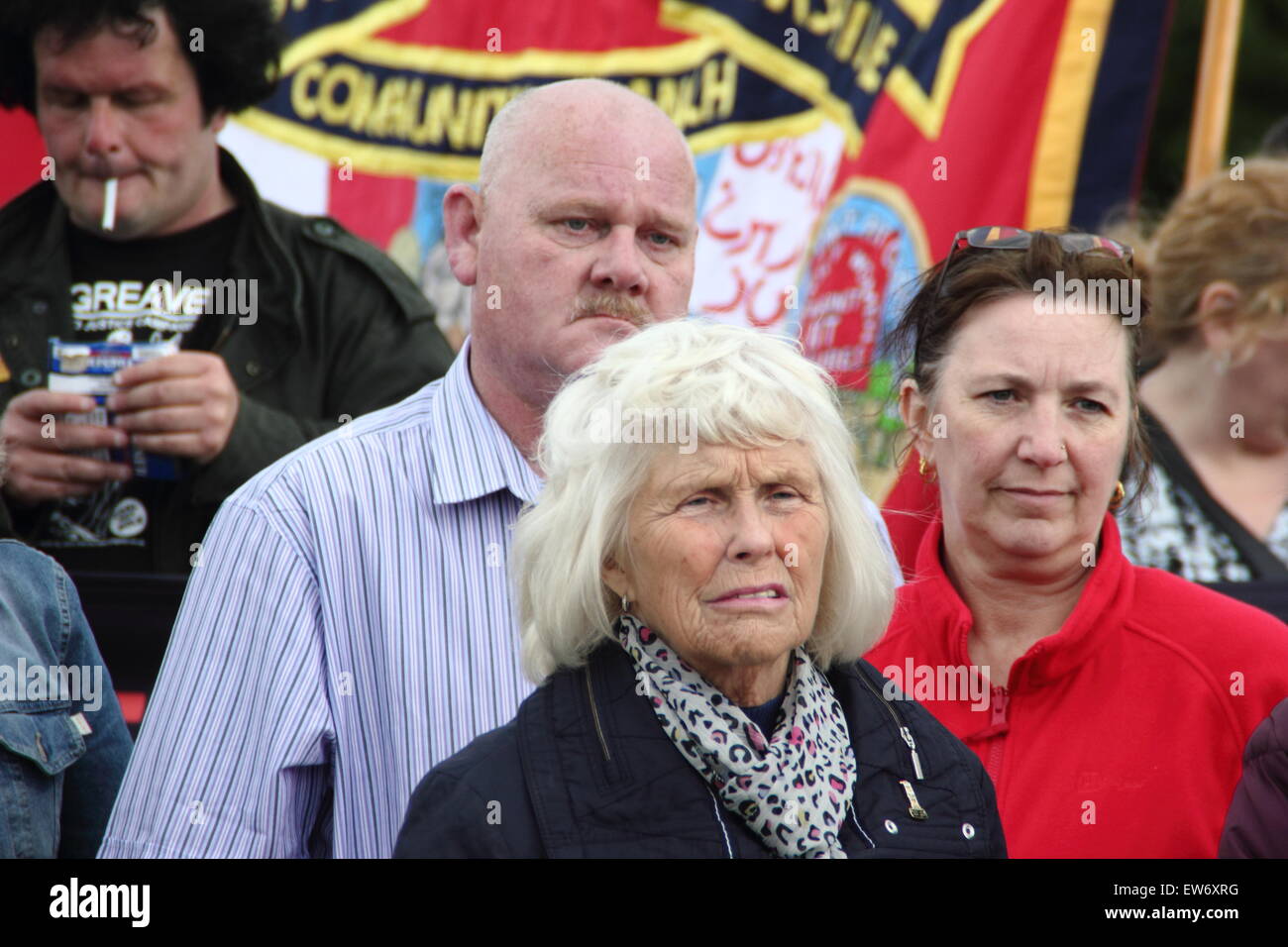 Orgreave, South Yorkshire, UK. 18 June 2015. Anne Scargill (centre front), former wife of miners’ strike leader, Arthur Scargill attends a rally organised by the Orgreave Truth and Justice Campaign (OTJC) at Orgreave to mark the 31st anniversary of the Battle of Orgreave, a violent confrontation between miners and police that took place during the year long miners’ strike in 1984-85. Credit:  Deborah Vernon/Alamy Live News Stock Photo
