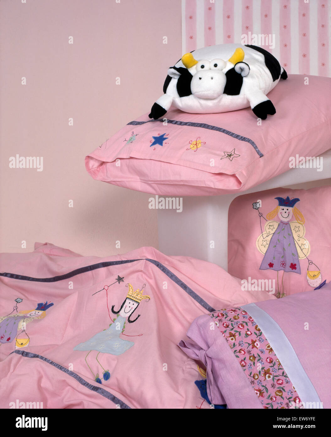 Close-up of children's embroidered pillow and duvet Stock Photo