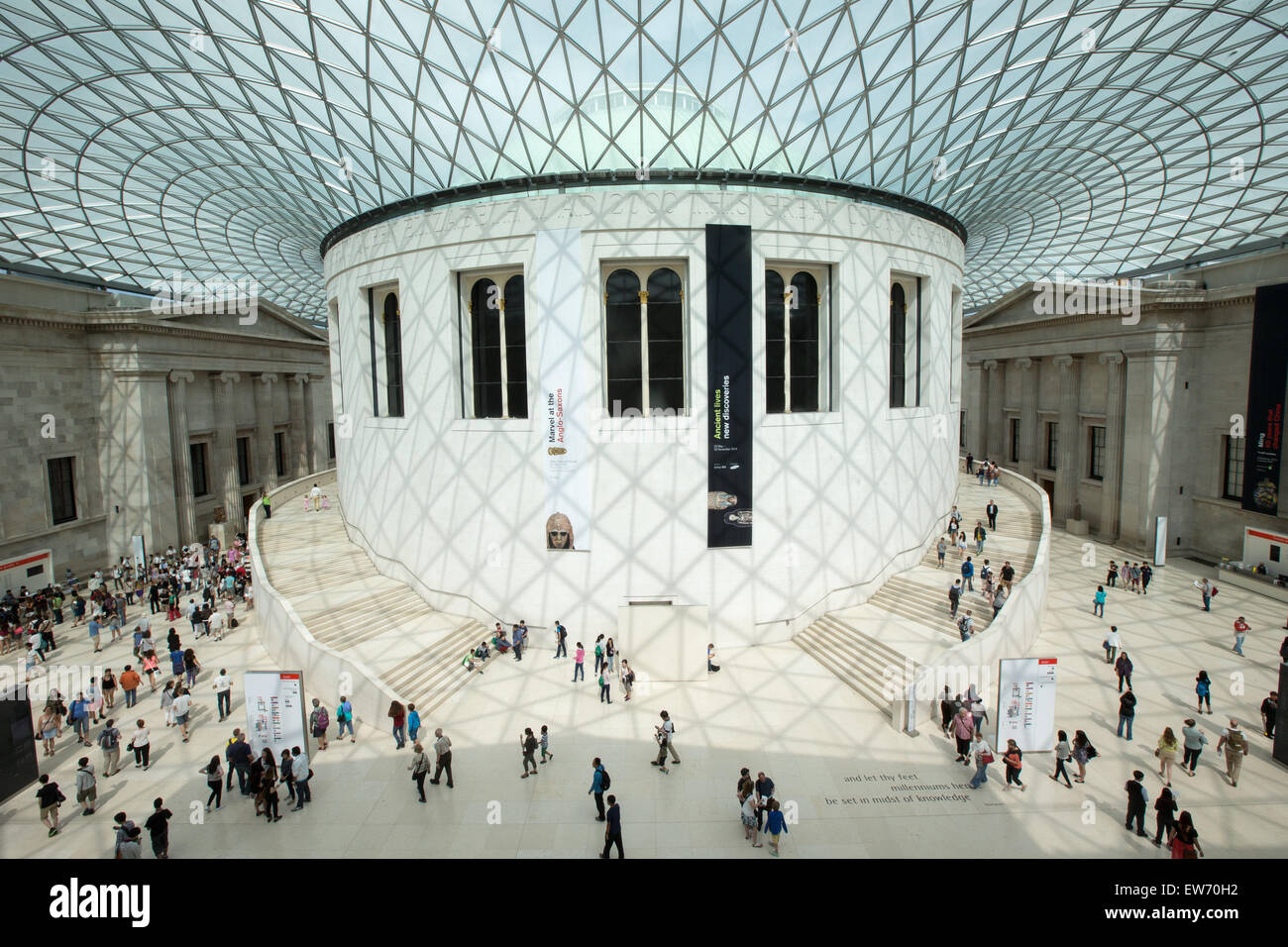 Interior of the British Museum with circular staircase and glass ceiling, designed by Sir Norman Foster Stock Photo