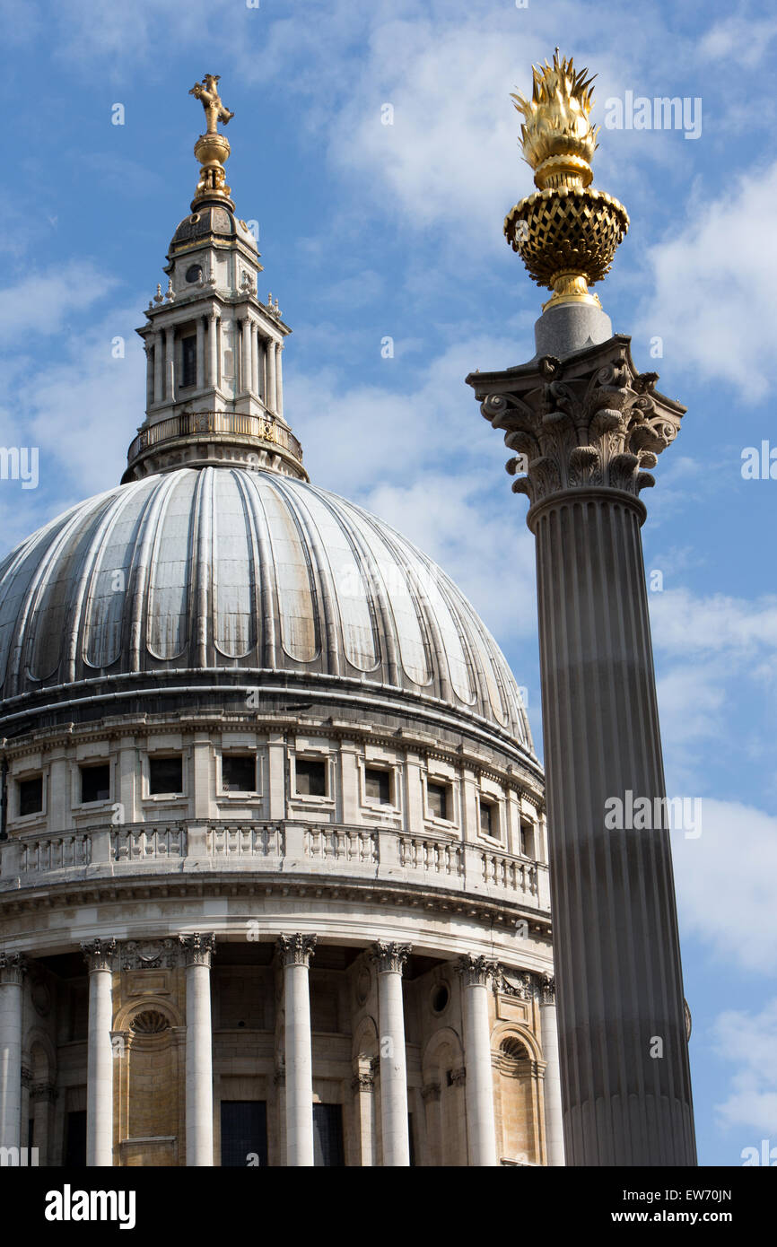 View of the dome of St. Paul's Cathedral with Paternoster Square column Stock Photo