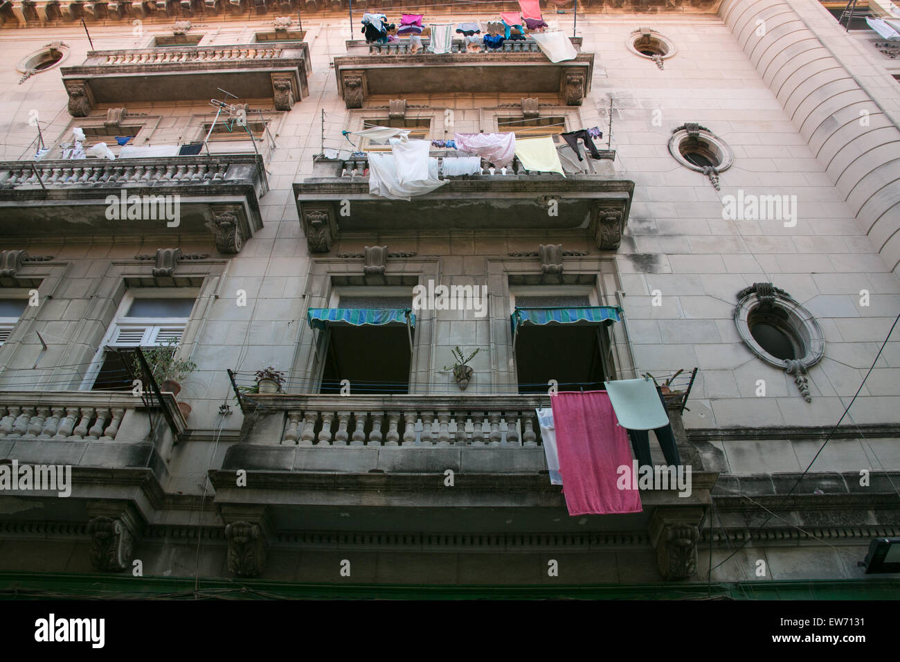 Laundry hanging from balconies in Old Havana, Cuba. Stock Photo