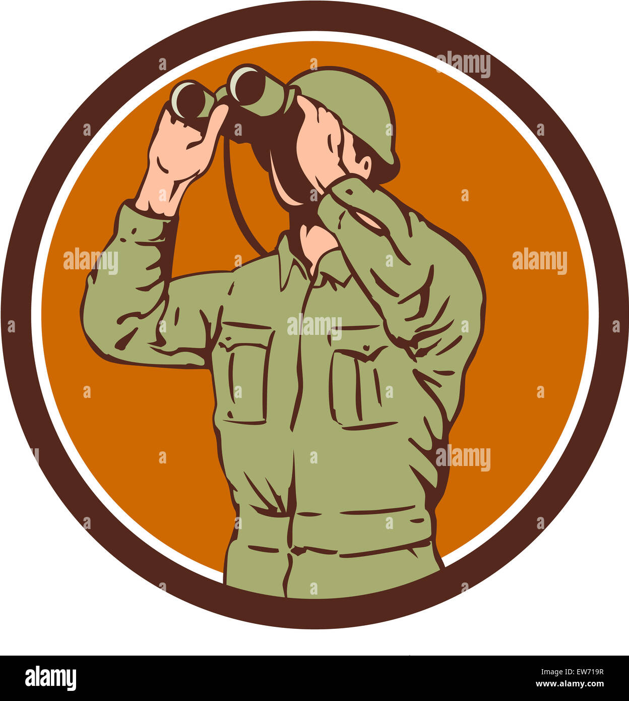Illustration of a World War One American soldier serviceman looking through the binoculars set inside circle on isolated background done in retro style. Stock Photo