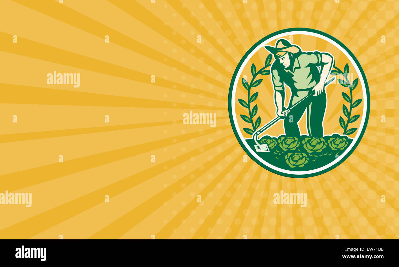 Business card showing illustration of a farmer gardener with garden hoe ...