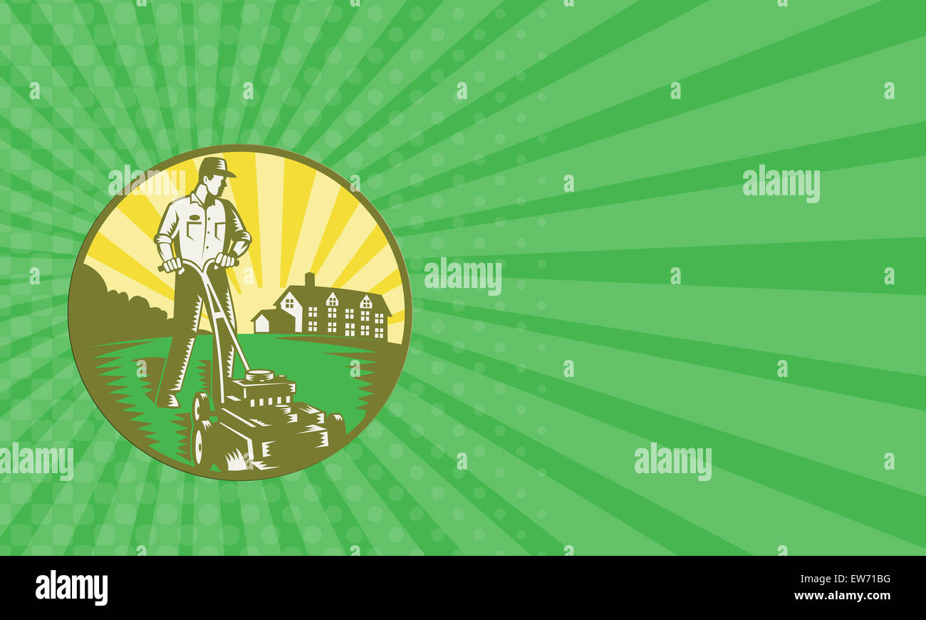 Business card showing illustration of a gardener with lawn mower mowing ...