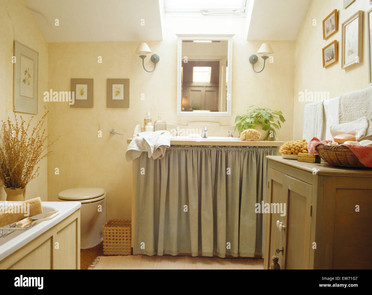 Curtains On Vanity Unit In Small Eighties Bathroom Extension Stock Photo Alamy