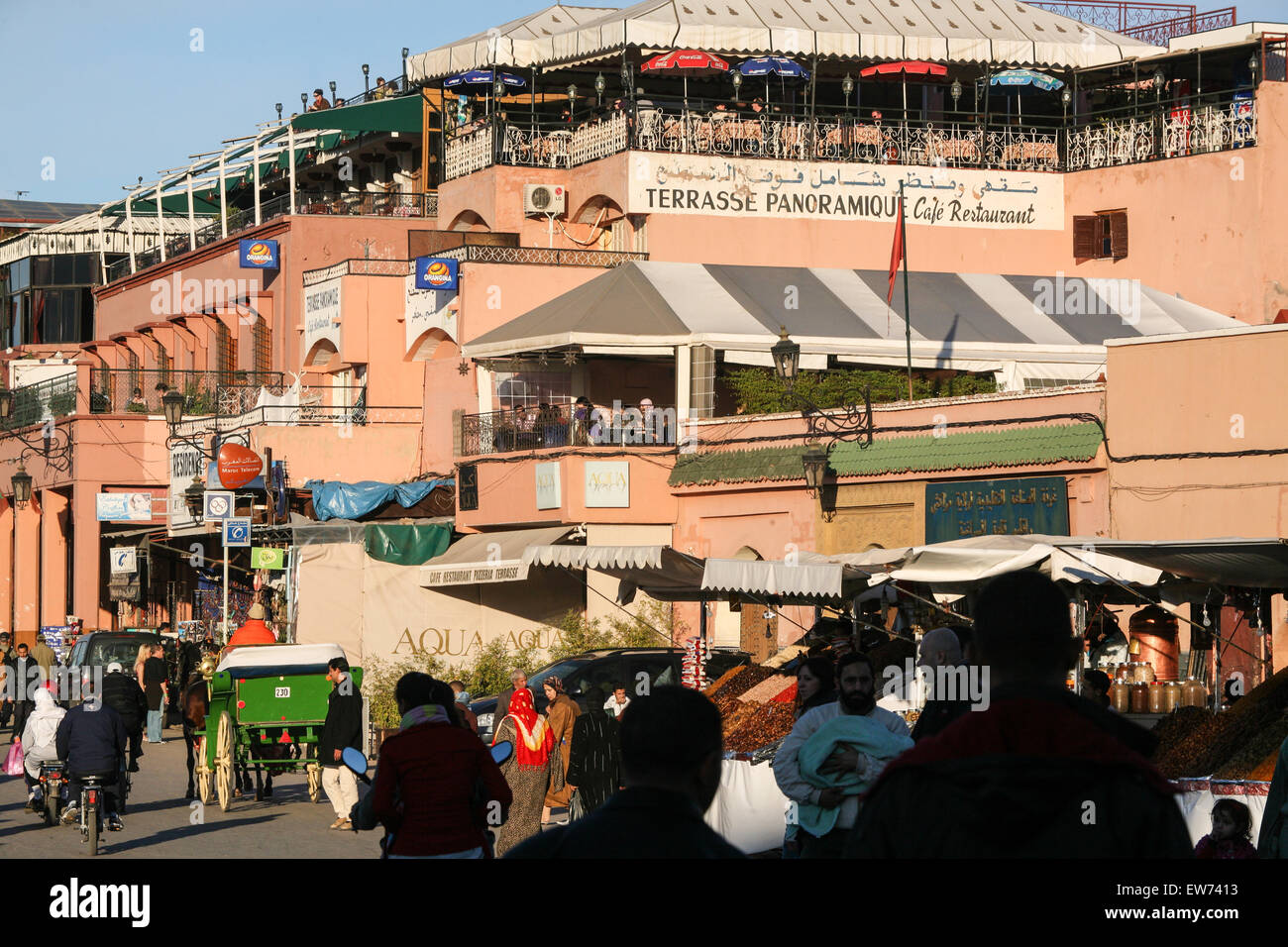 Terrasse Panoramique Cafe Restaurant overlooking main square,Djemaa, Djemma el Fna at sundown. In centre of Marrakesh,Marrakech, Morocco Stock Photo