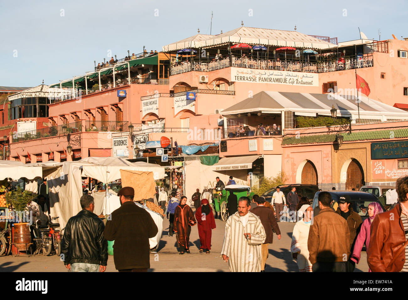 Terrasse Panoramique Cafe Restaurant overlooking main square,Djemaa, Djemma el Fna at sundown. In centre of Marrakesh,Marrakech, Morocco, Africa. Stock Photo