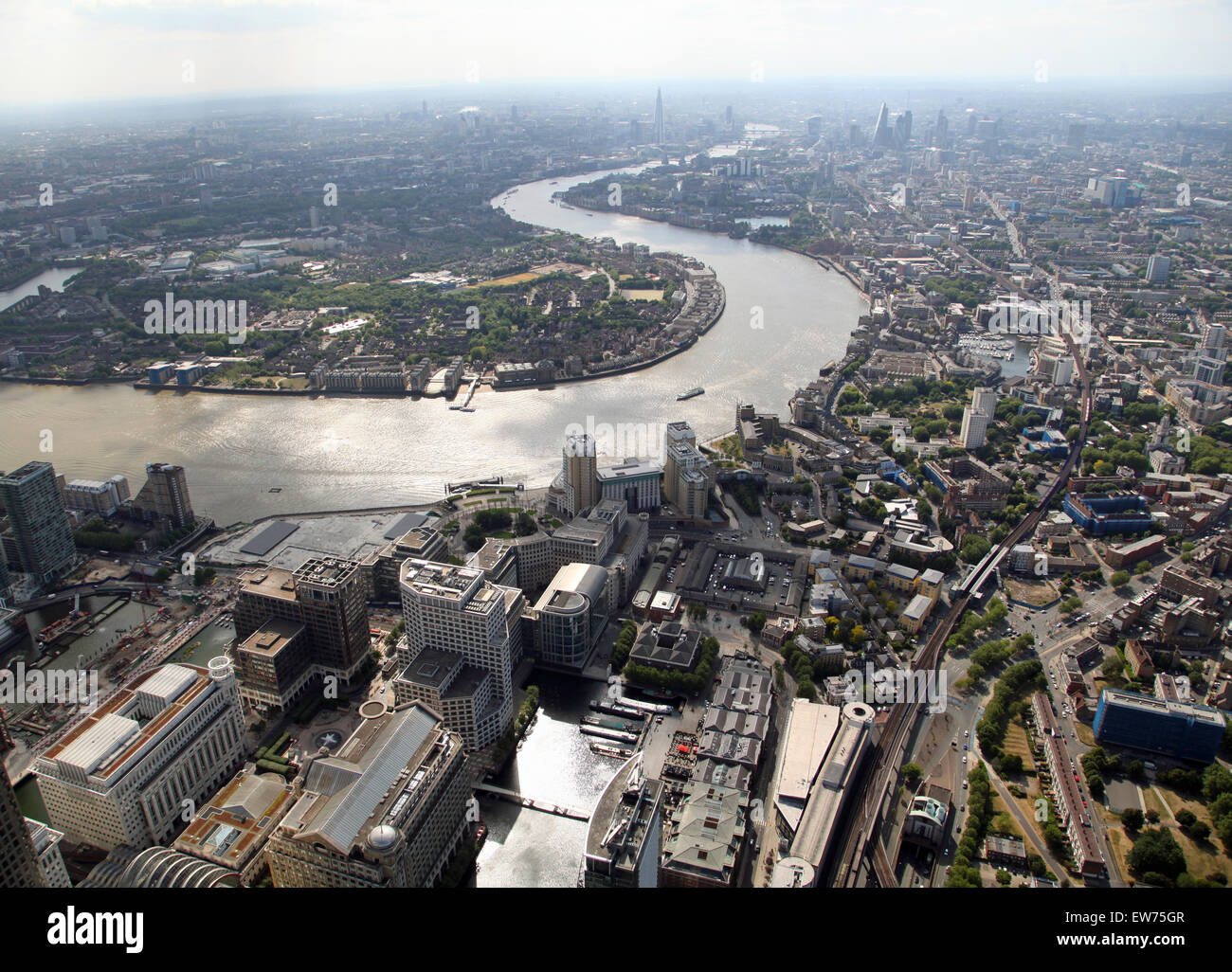 Aerial view looking west from Canary Wharf of The River Thames, London, UK Stock Photo