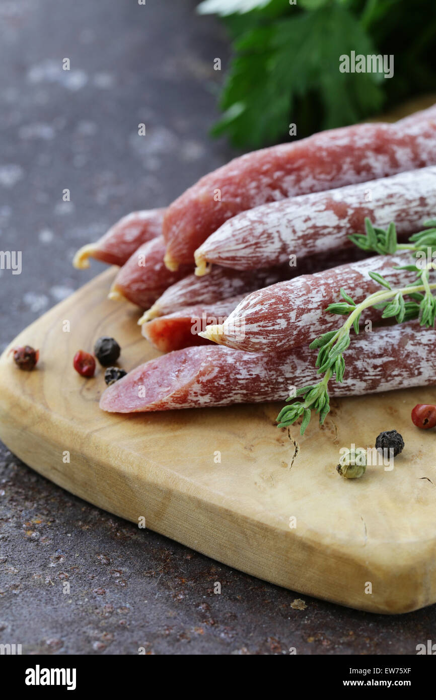 thin salami sausage snack with herbs and spices Stock Photo Alamy