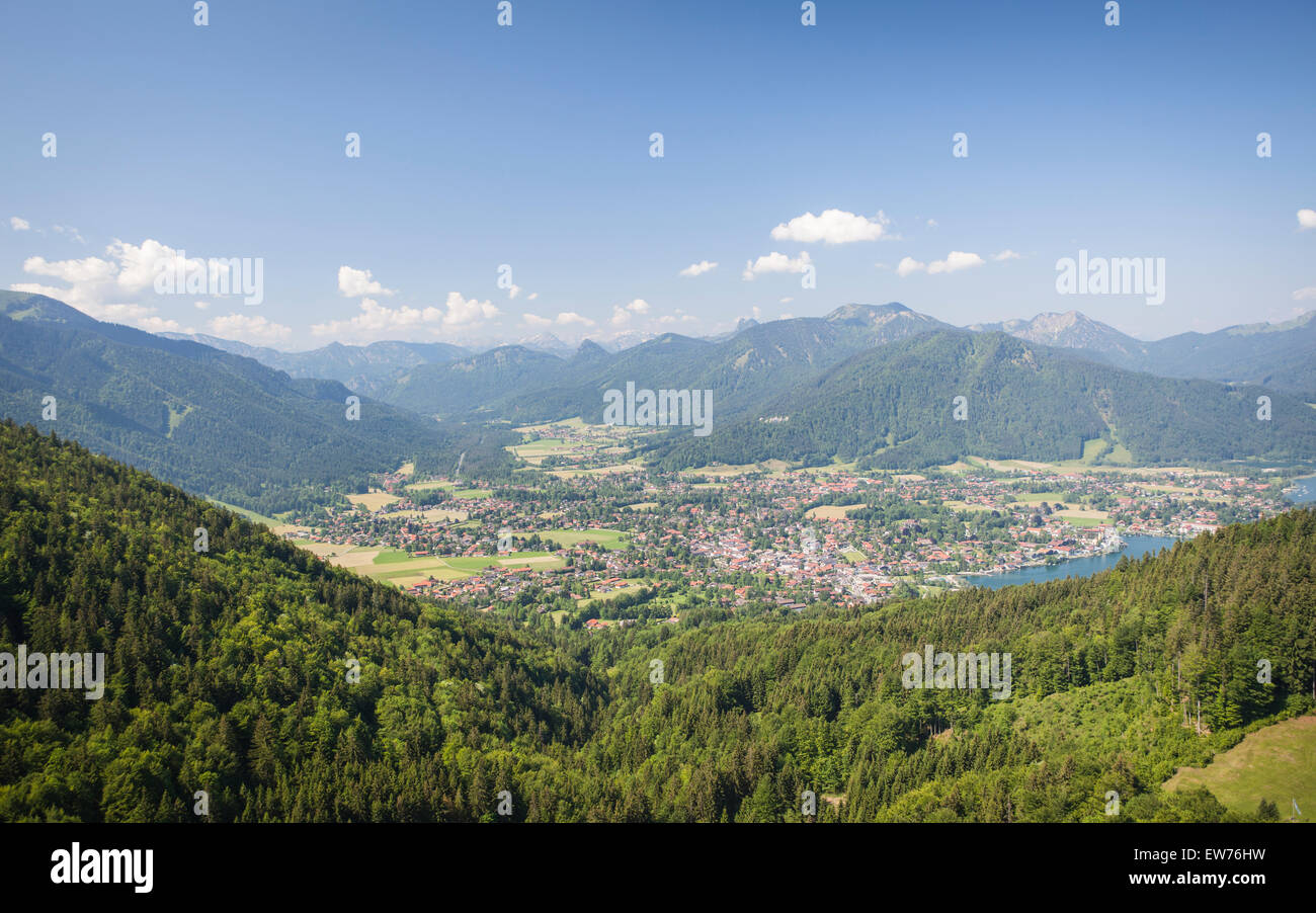 View to the Tegernsee, the village Rottach Egern and the Weissach valley, Bavaria, Germany Stock Photo
