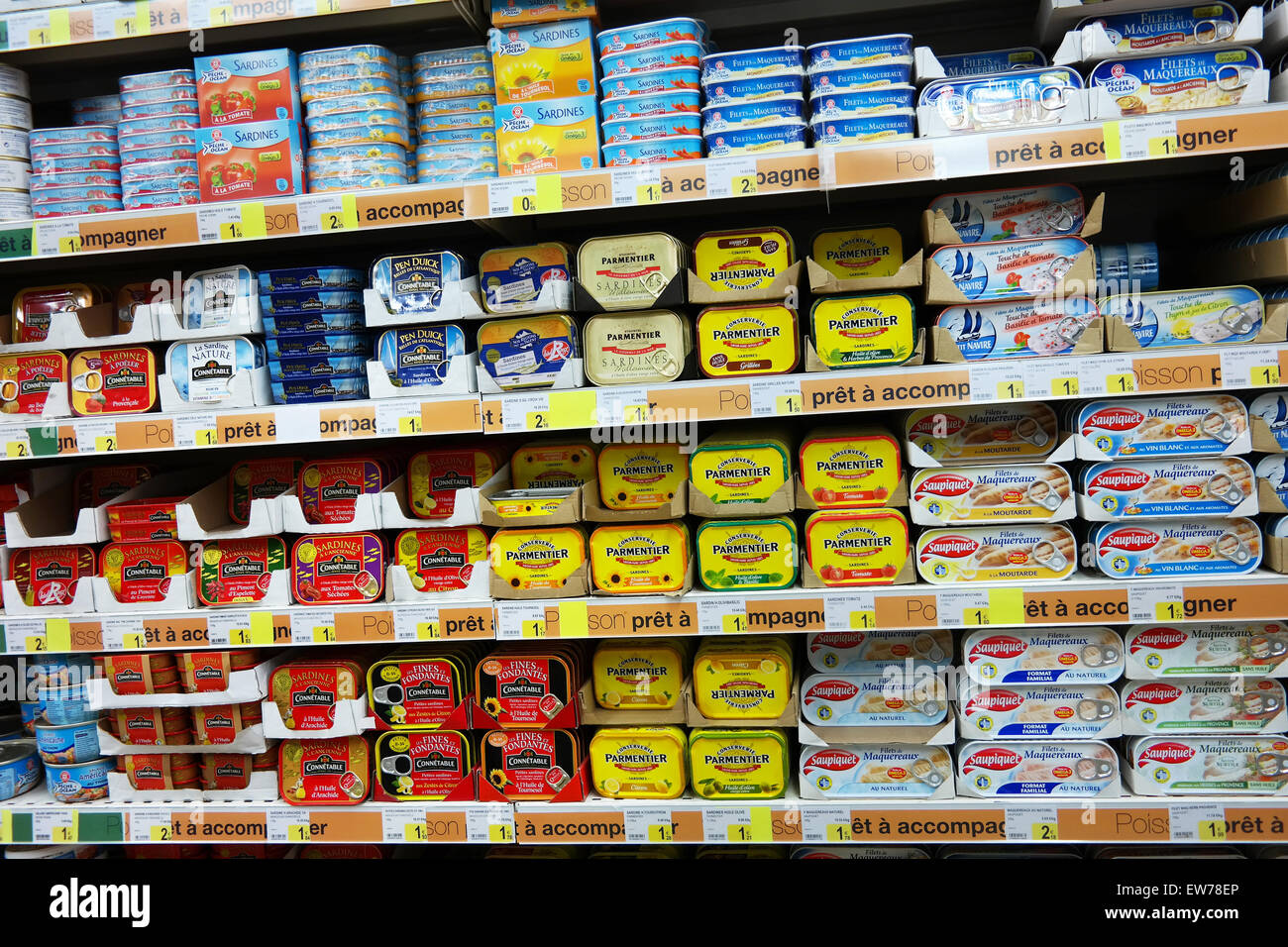 Supermarket aisle with Canned fish Stock Photo