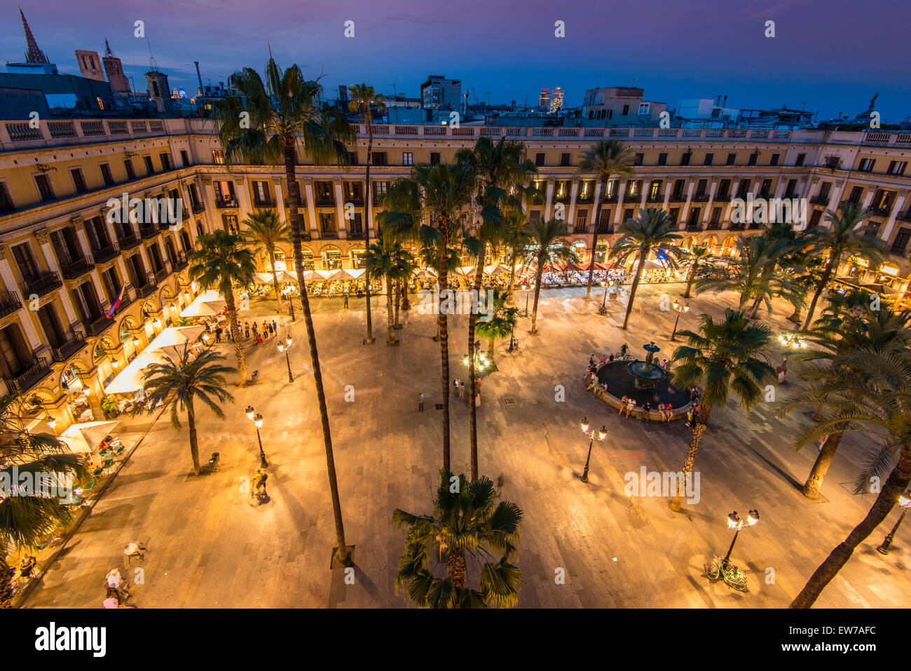 Night top view over Placa Reial or Plaza Real, Barcelona, Catalonia, Spain Stock Photo