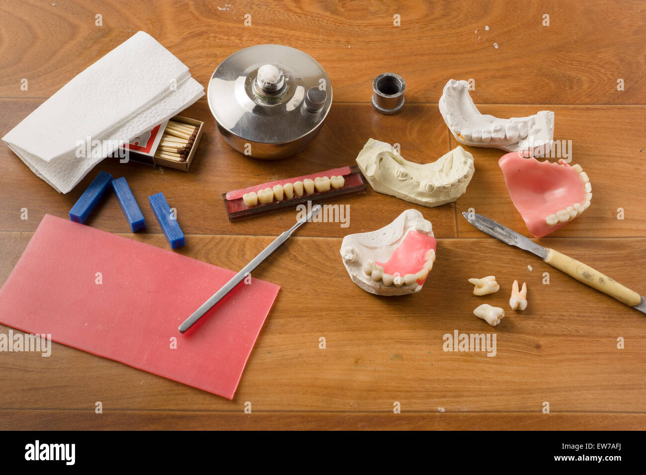 place of work of the dental technician with a set of tools necessary for work Stock Photo