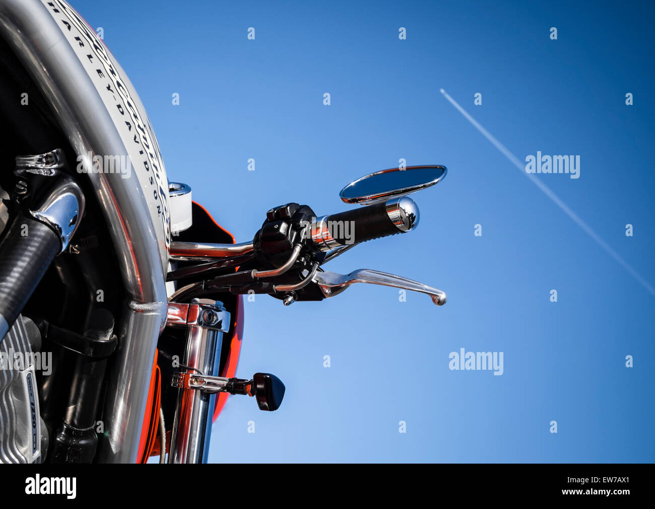 Harley Davidson Screamin Eagle and jet vapour trail Stock Photo