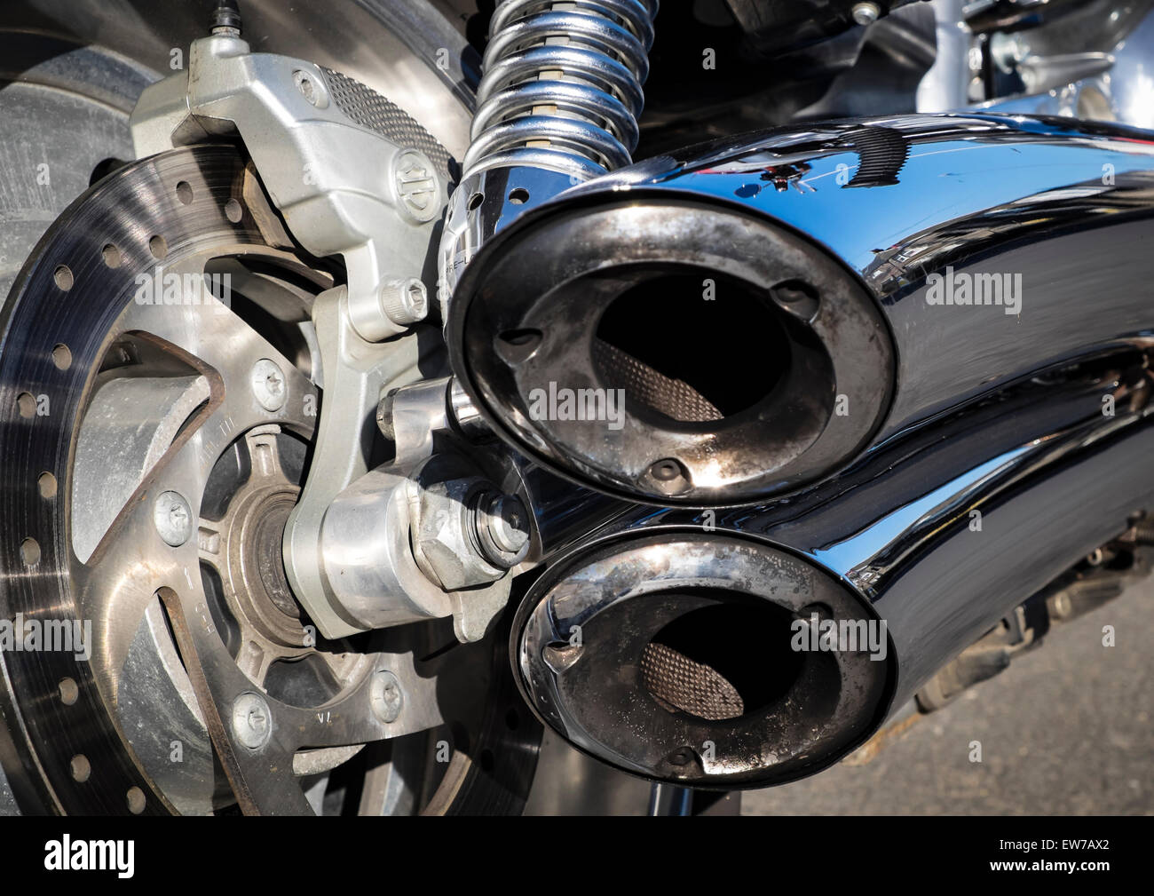 Twin exhausts on Harley Davidson Stock Photo Alamy