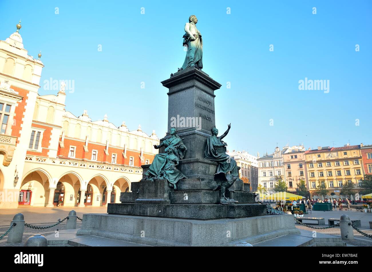 The statue of Adam Mickiewicz on the main square in Krakow. Old Town in
