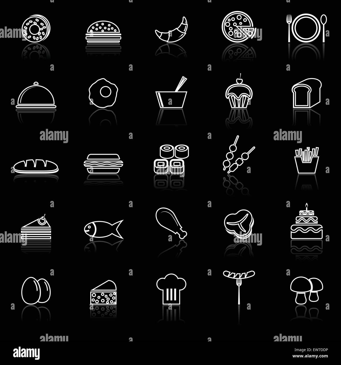Food line icons with reflect on black, stock vector Stock Vector