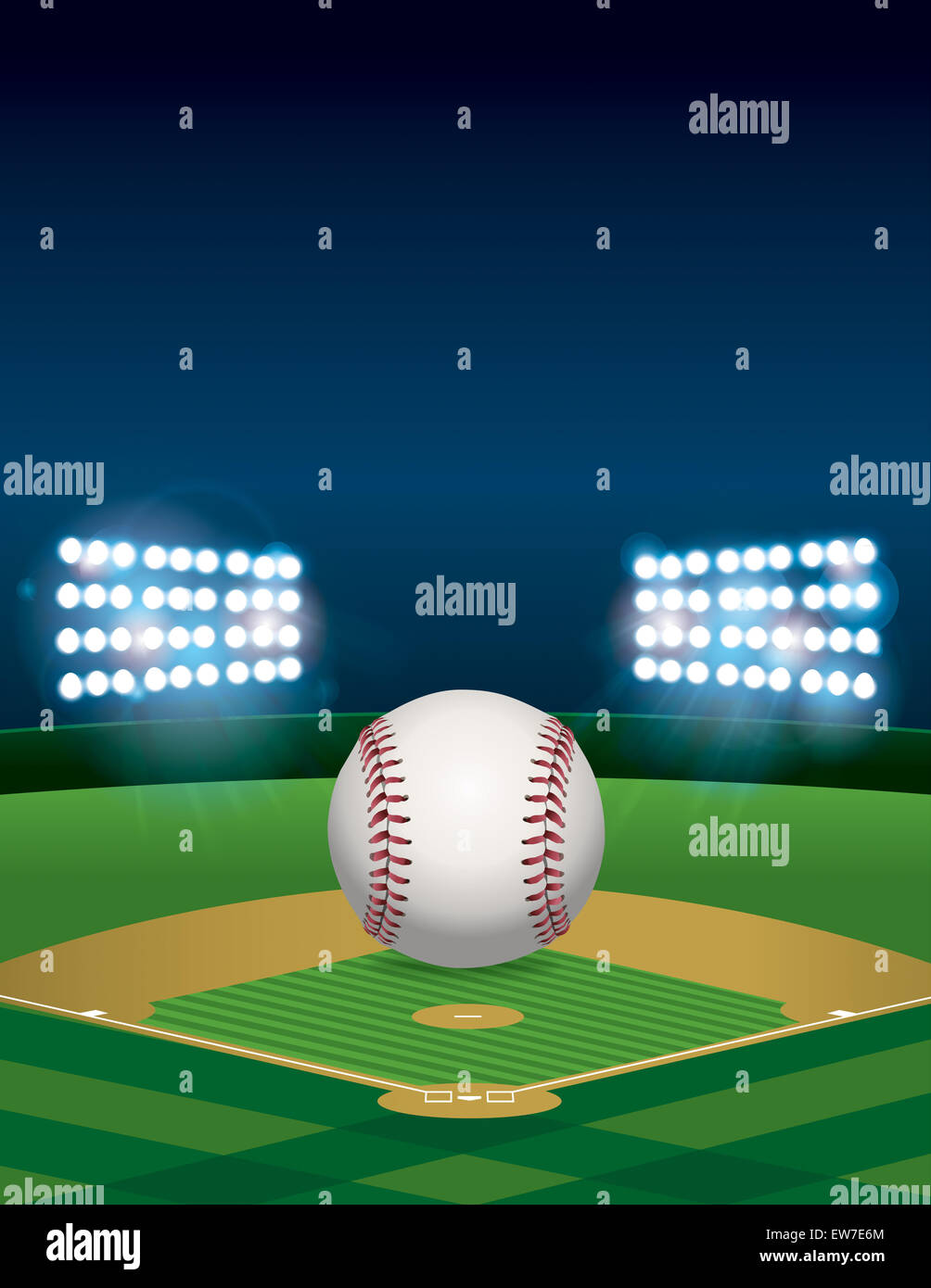 A baseball sitting on a lit baseball stadium field at night. Vertical