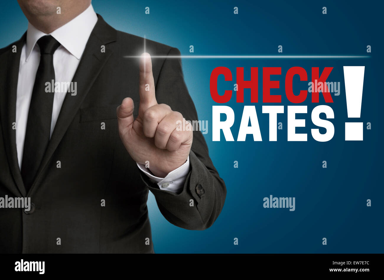 Check rates touchscreen is operated by businessman Stock Photo Alamy