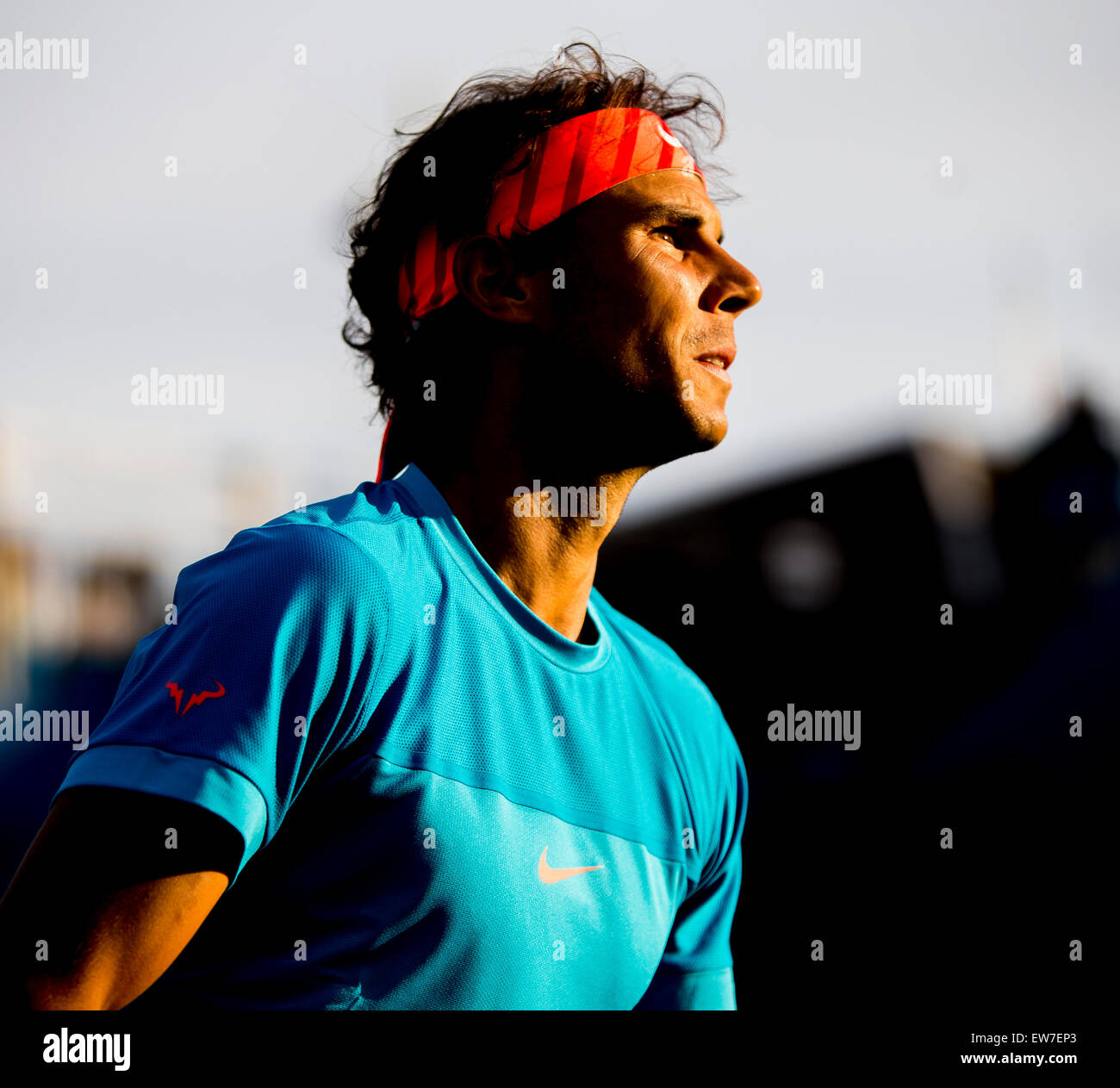 London, UK. 18th June, 2015. Queens Aegon Championship Tennis. Rafael Nadal (ESP) in action during his doubles match at Queens in his loss, with partner Lopez to D. Nestor and L. Paes in the quarter-finals. © Action Plus Sports/Alamy Live News Stock Photo