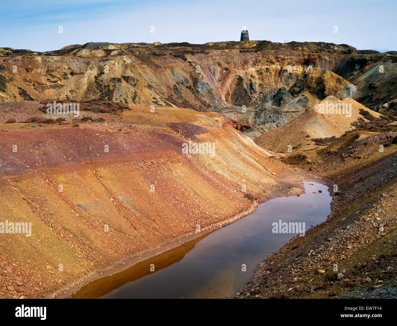 Iron-stained spoil tips E of Great Opencast copper mine, Parys Mountain, Anglesey which supplied most of the world's copper for a few years after 1768 Stock Photo