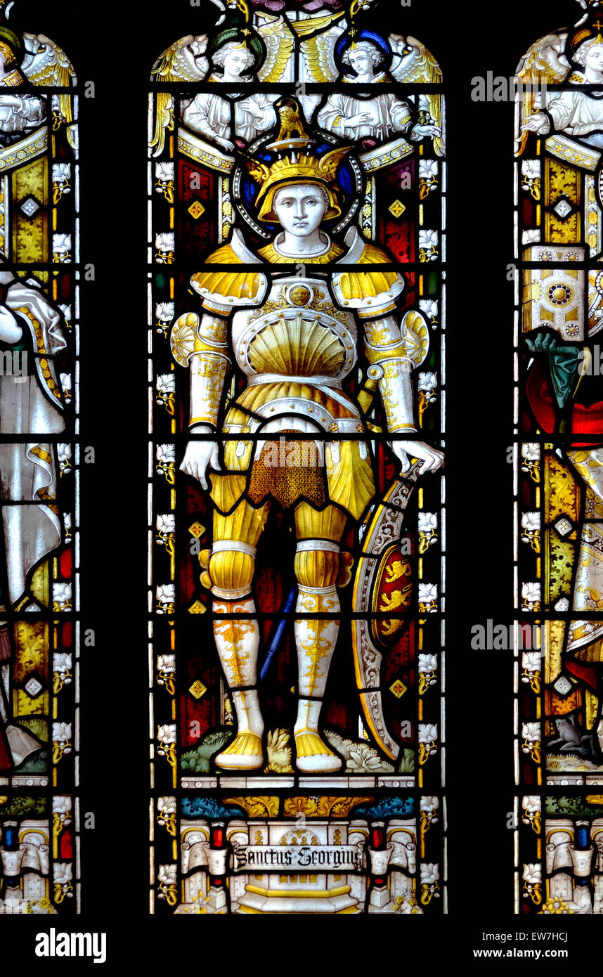 Norwich, Norfolk, England. Norwich Cathedral (1096-1145) Stained glass window showing St George. (Clayton & Bell  c1900). Stock Photo