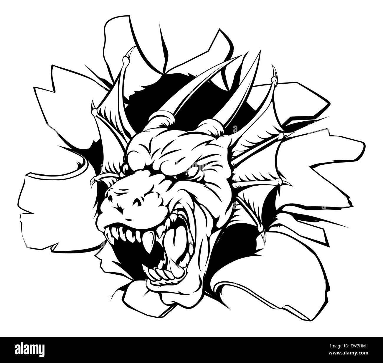 An illustration of a snarling dragon head bursting through a wall Stock Photo