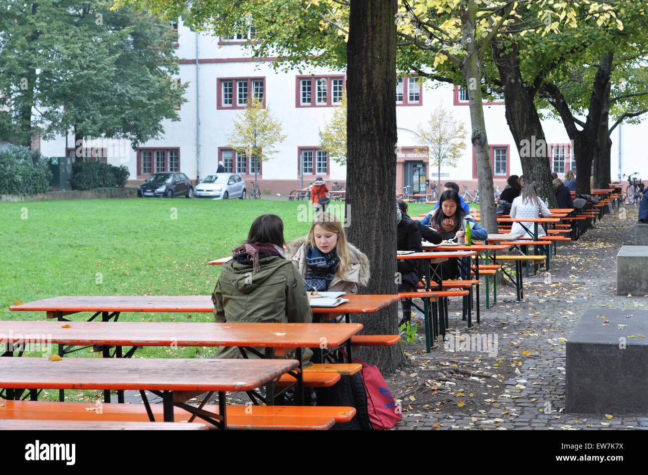 Students eating on the teracce of canteen in Heidelberg Stock Photo