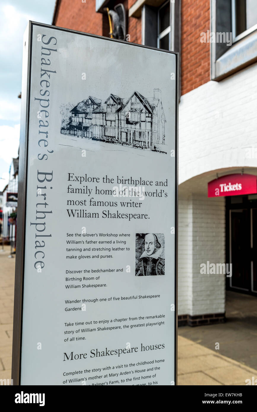 A sign in Stratford upon Avon marks the place where playwright William Shakespeare was born Stock Photo