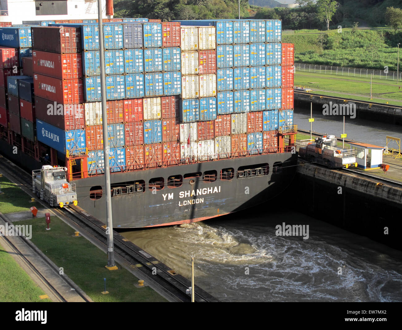 Back of a large container ship transiting through the Panama Canal