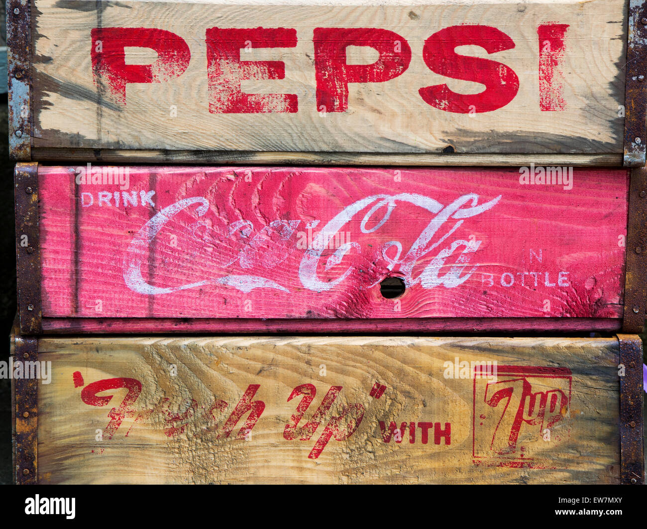 Pepsi, Coca Cola and 7up soft drink retro wooden trays Stock Photo
