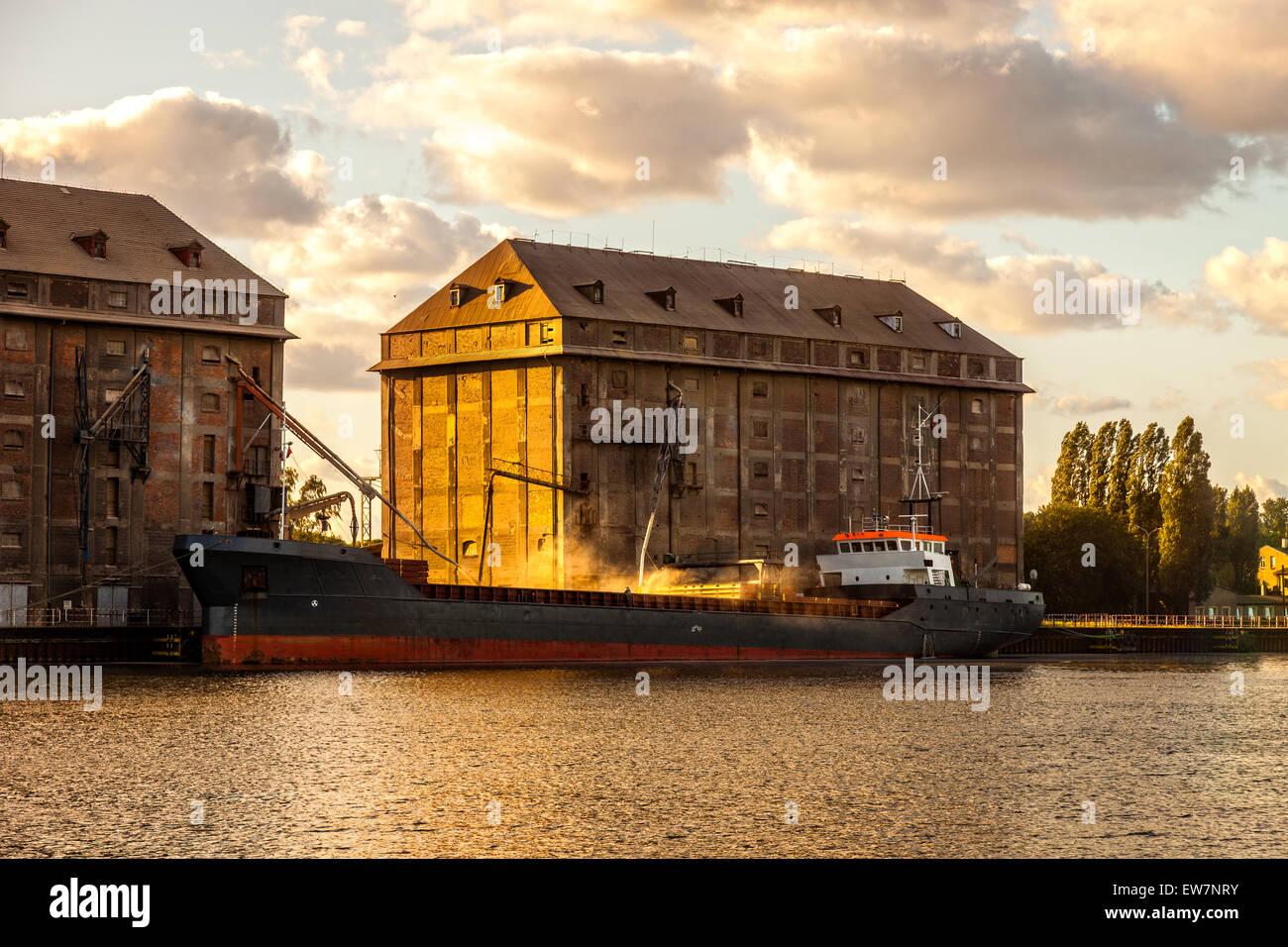 Grain Ship being loaded in Port of Gdansk. Stock Photo