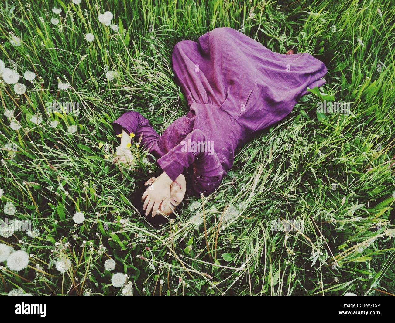 Elevated view of a woman lying in the grass with her hand covering her face Stock Photo