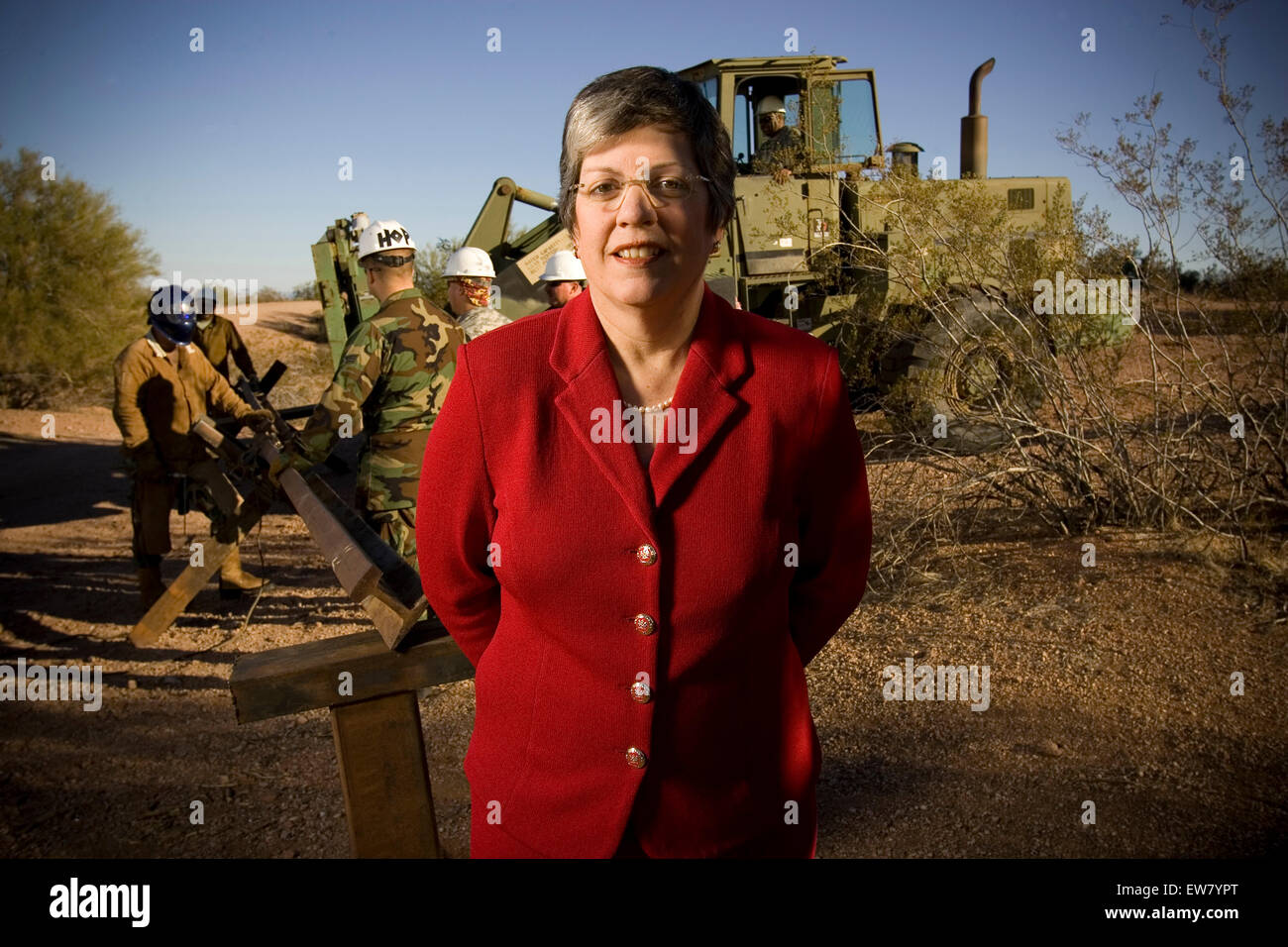 Arizona Governor Janet Napolitano, photographed at Papago Park Military Base in Phoenix. In background are National Guard Army C Stock Photo