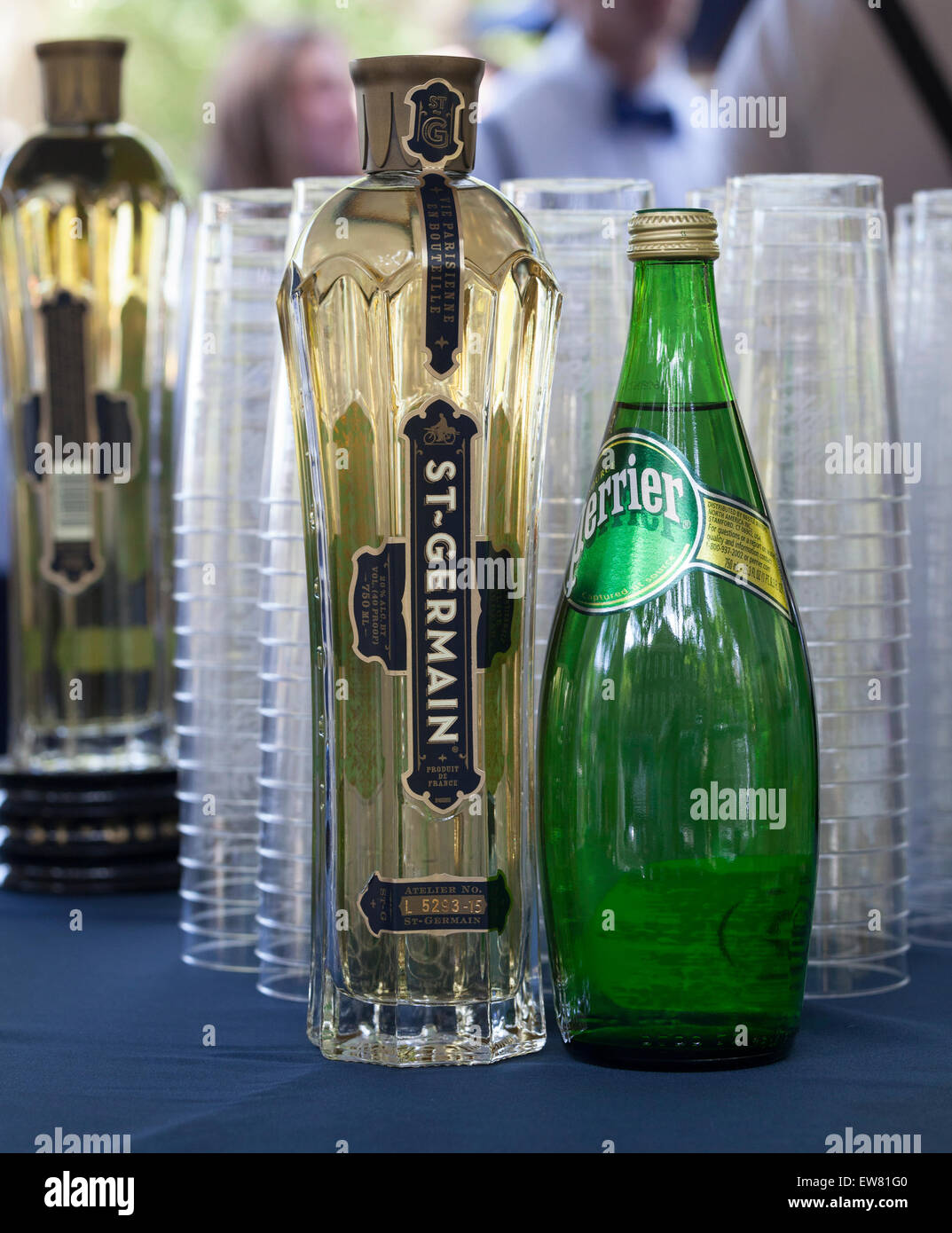 New York, NY - June 14, 2015: St. Germain liquor & Perrier water on display at 10th annual Jazz Age lawn party by Michael Arenella & Dreamland Orchestra on Governors Island Stock Photo