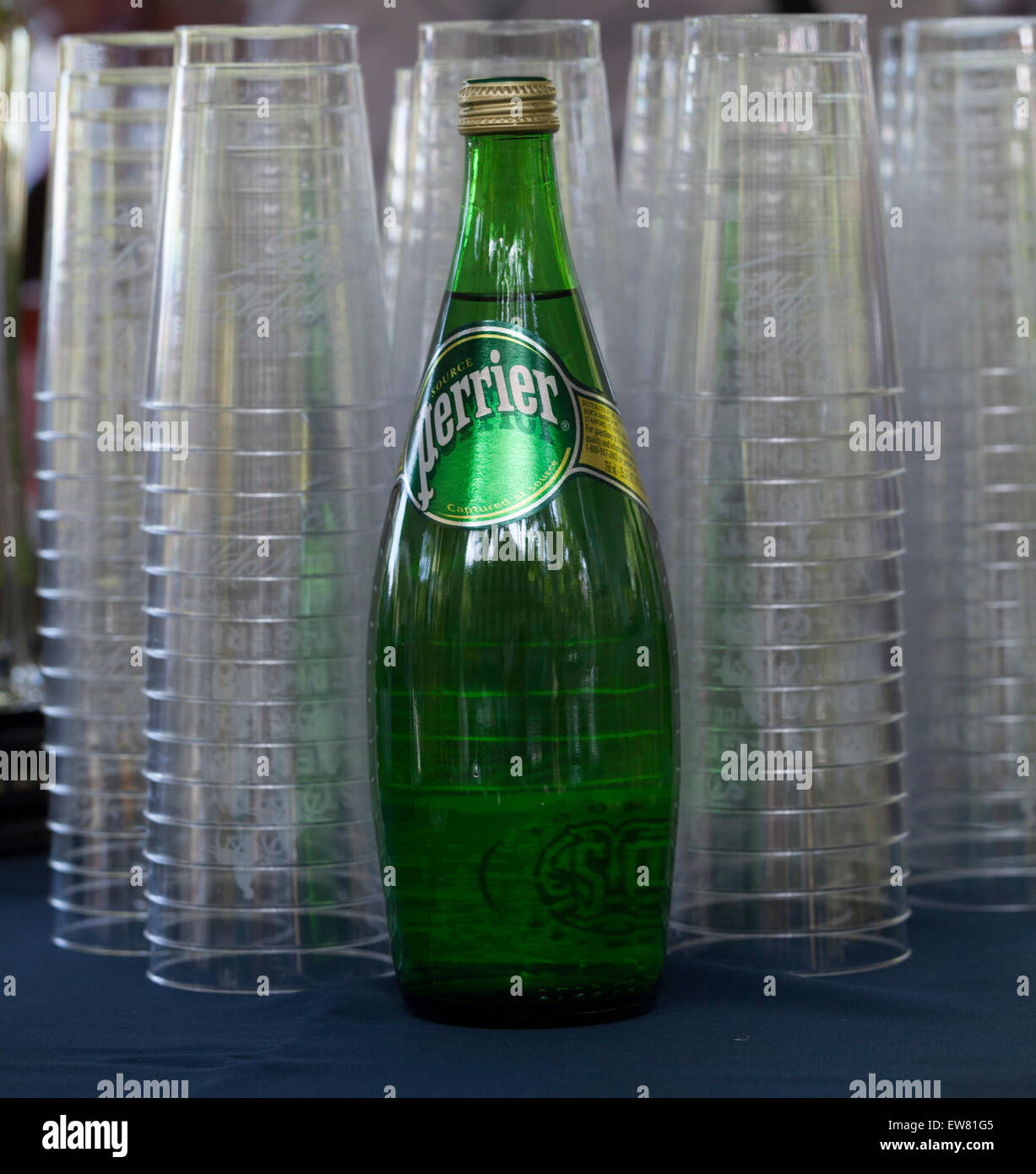 New York, NY - June 14, 2015: Perrier water on display at 10th annual Jazz Age lawn party by Michael Arenella & Dreamland Orchestra on Governors Island Stock Photo