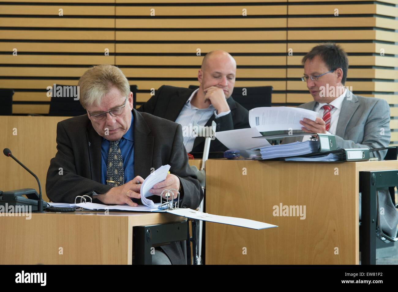 AfD representatives Siegfried Gentele (l-r), Jens Krumpe and Oskar Helmerich in the Landtag of Thuringia in Erfurt, Germany, 19 JUne 2015. Among other things, the representatives will vote on the state's budget for 2015. PHOTO: SEBASTIAN KAHNERT/DPA Stock Photo