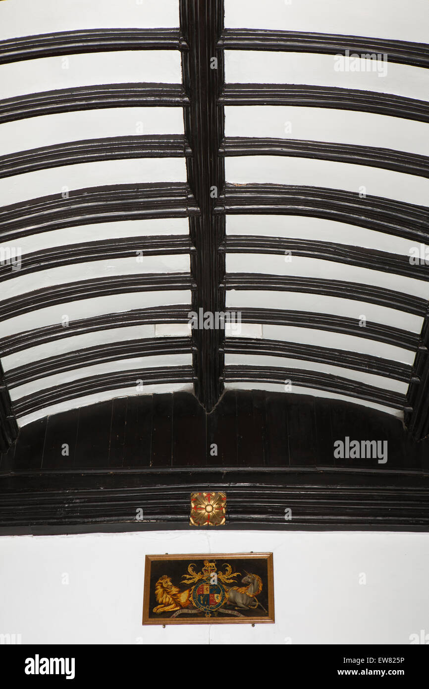 UK, England, Cheshire, Pott Shrigley, church, arms of George III below the Tudor barrel ceiling Stock Photo