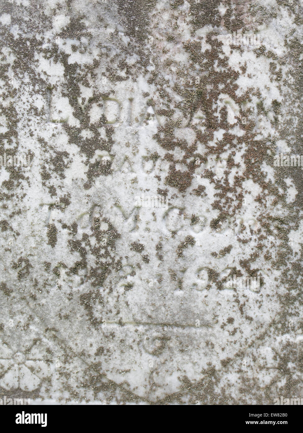 Old gravestone in Williamstown, MA is obscured by lichen and passage of time. Stock Photo