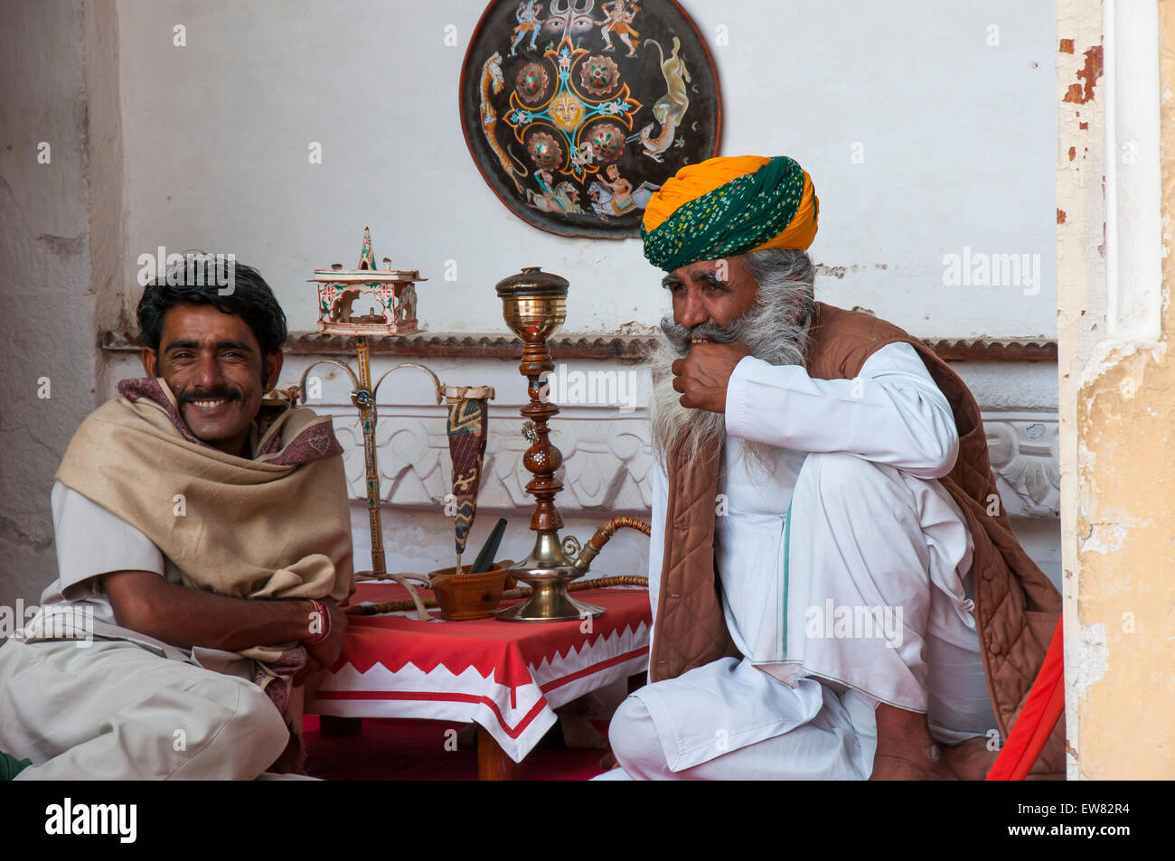 Rajasthani men inside Mehrangarh fort, Jodhpur, Rajasthan, India. Stock Photo