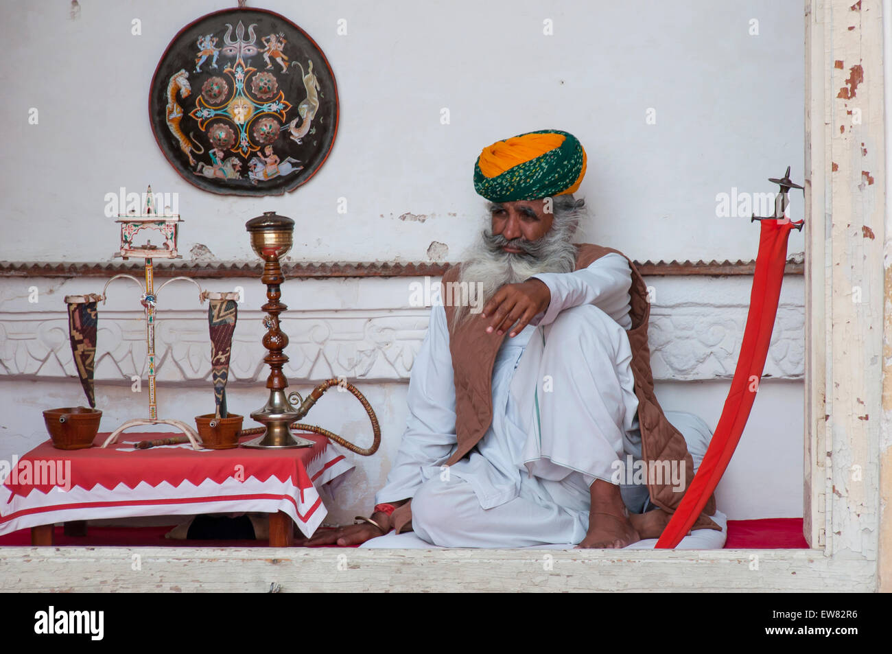 Old Rajasthani man inside Mehrangarh fort, Jodhpur, Rajasthan, India. Stock Photo