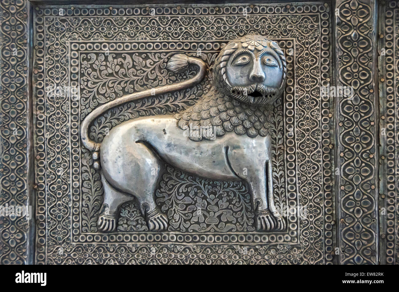 Detail of carved silver palanquin in museum at Mehrangarh Fort, Jodhpur, Rajasthan, India. Stock Photo